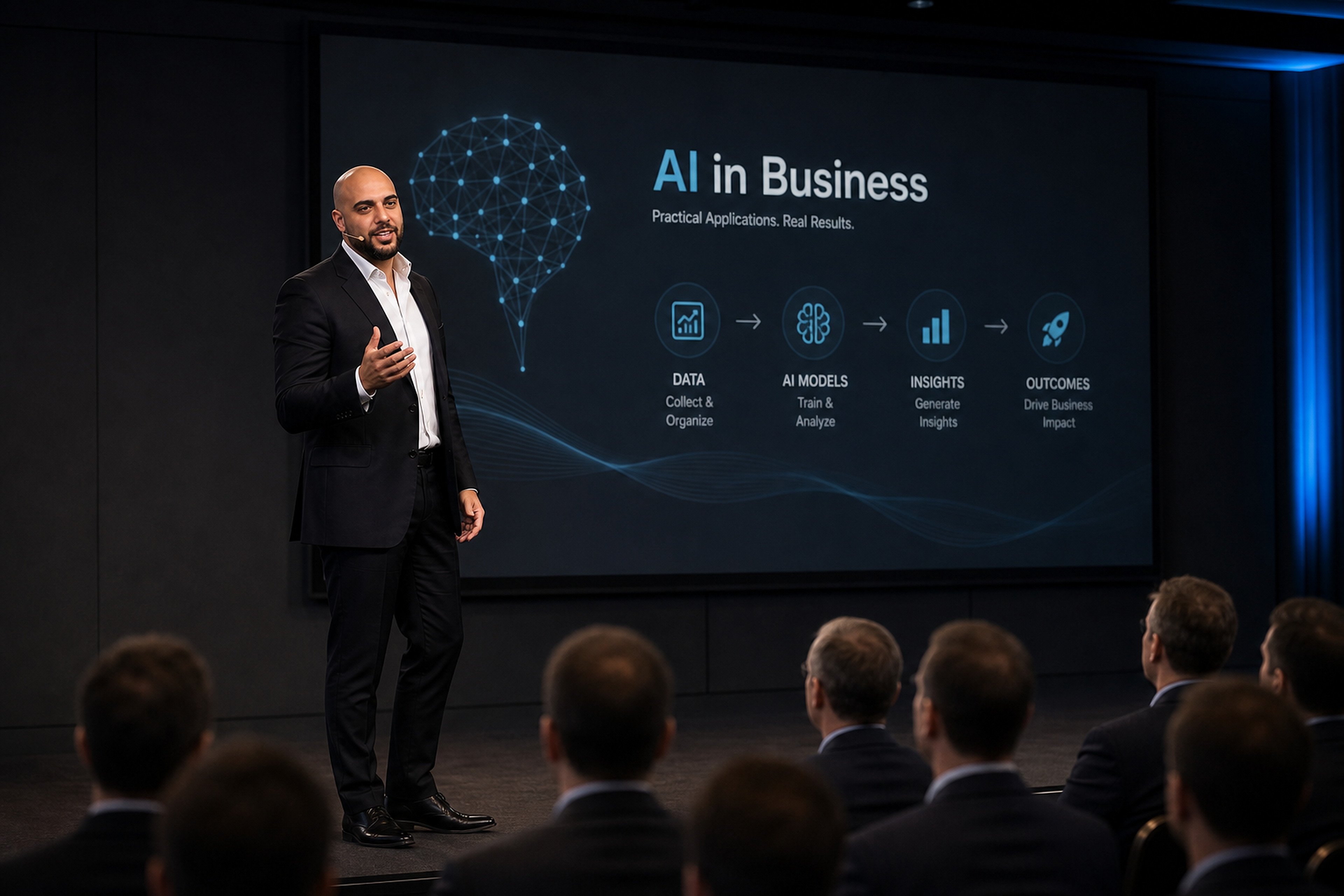 Darius Kaler, entrepreneur and AI lawyer, speaking about AI in business on a modern conference stage